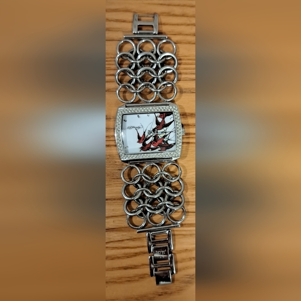 EUC Vintage Y2K Ed Hardy Silver Lynx Sparrow Casual Moto Goth Watch Jewelry - Picture 2 of 5